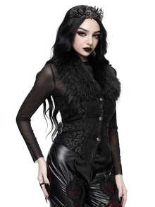 ROMWE Autumn/Winter Gothic Christmas Court Style Jacquard Fur Collar Shirt Vest - Black - View 6