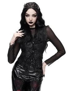 ROMWE Autumn/Winter Gothic Christmas Court Style Jacquard Fur Collar Shirt Vest - Black - View 4