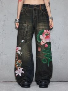 ROMWE J-Fashion 女款秋冬新年新中式虎紋與蓮花印花中性低腰復古牛仔褲 - 藍色 - 查看 6