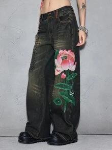 ROMWE J-Fashion 女款秋冬新年新中式虎紋與蓮花印花中性低腰復古牛仔褲 - 藍色 - 查看 3