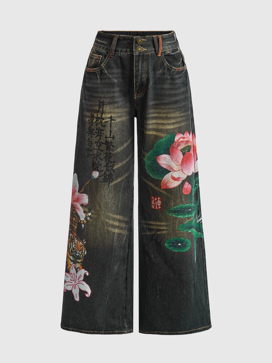 ROMWE J-Fashion 女款秋冬新年新中式虎紋與蓮花印花中性低腰復古牛仔褲 - 藍色 - 查看 1