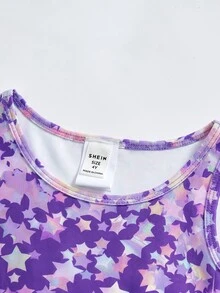 SHEIN 女童圓領五角星圖案休閒運動日常外出連身褲 - 紫色 - 查看 8