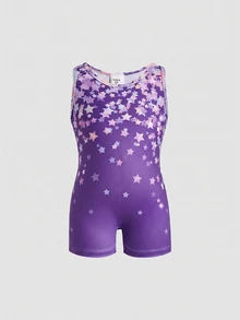 SHEIN 女童圓領五角星圖案休閒運動日常外出連身褲 - 紫色 - 查看 6