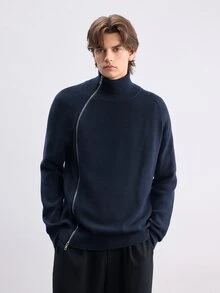RONVEXI Men's Solid Color Raglan Long Sleeve Zip-Up Knit Cardigan, Autumn/Winter - Multicolor - View 3