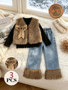 SHEIN Elladie kids Girls' Winter Three Pieces Set: Long-Sleeve High-Neck Base Layer Top + Plush Vest + Denim-Panelled Plush Trousers, Winter Outfit In Brown Color. - Black - View 7