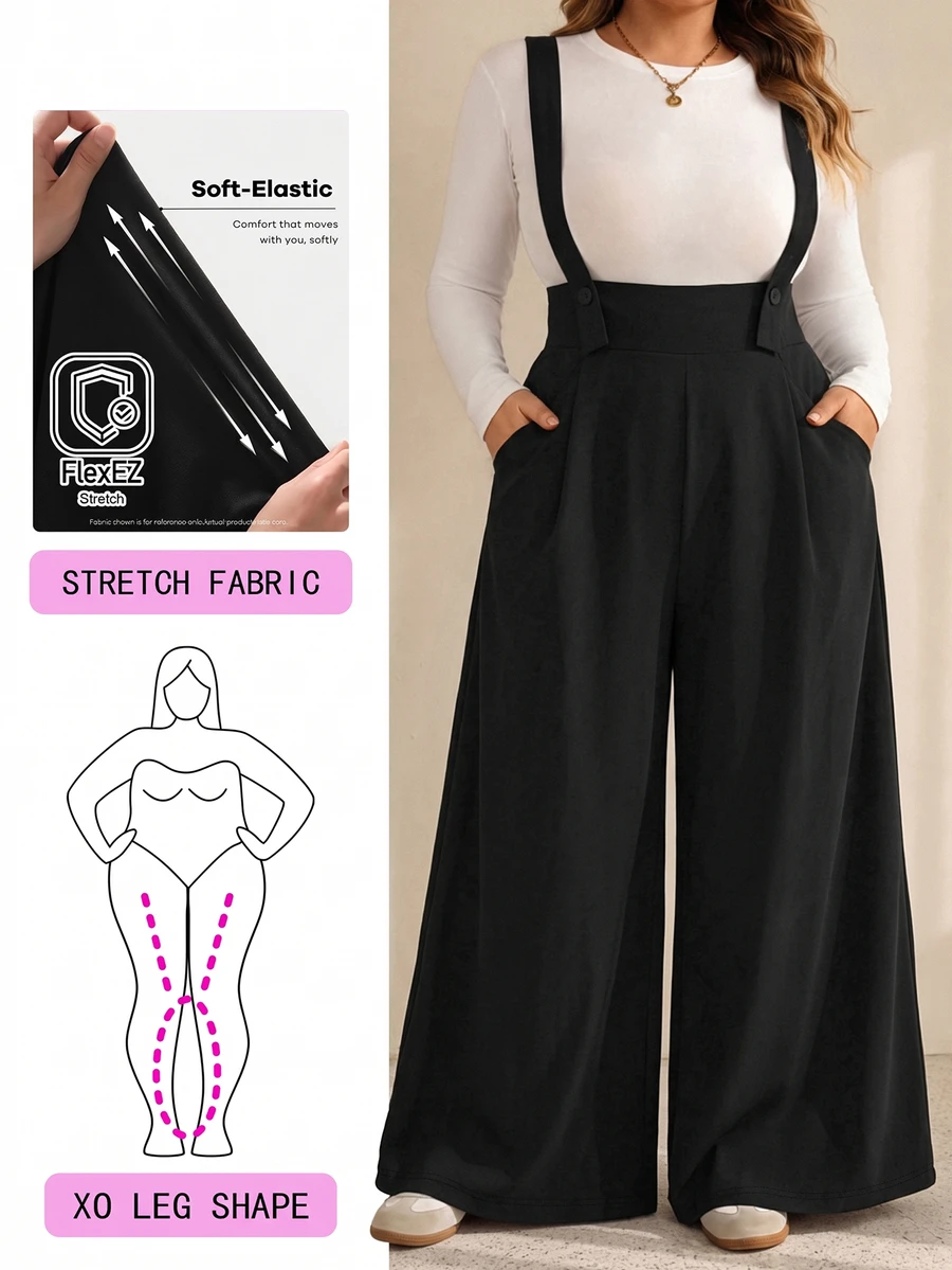 Solflare Plus Size Minimalist Versatile Loose Leg Jumpsuit - Black - View 1