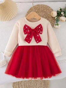 SHEIN 2件/套女童春秋冬新學期聖誕新年米色/杏色/紅色甜美節慶中厚羅紋針織公主裙寬腿 - 彩色 - 查看 4