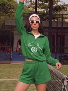 Sweetra Women's Green Letter Print 1/4 Zip Long Sleeve Top And Solid Color Shorts Sports 2 Pieces Set - Green - View 6