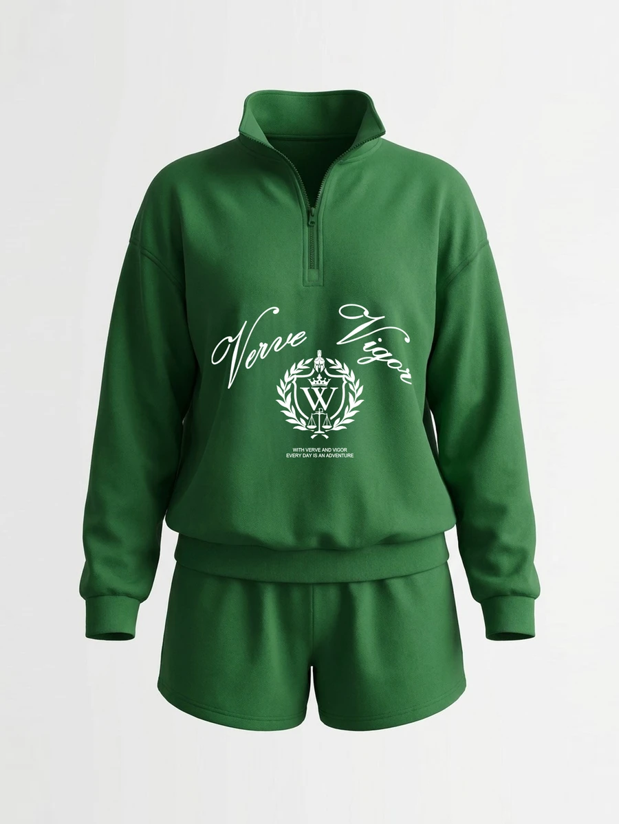 Sweetra Women's Green Letter Print 1/4 Zip Long Sleeve Top And Solid Color Shorts Sports 2 Pieces Set - Green - View 1