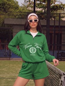 Sweetra Women's Green Letter Print 1/4 Zip Long Sleeve Top And Solid Color Shorts Sports 2 Pieces Set - Green - View 5