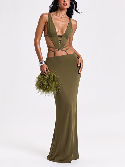 ROMWE Y2K Autumn/Winter Sexy Party Midnight Luxury Deep V-Neck Ultra Low Waist Backless Bodycon Bodycon Long Dress For Women