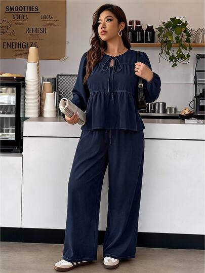 Lounesse Conjunto de 2 piezas de top de manga larga y pantalones holgados para mujer talla grande, elegante para uso diario y salidas, otoño/invierno