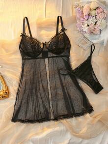 DelicateAllure Plus Size Women's Lace Cami Top And Thong Panty Sexy Lingerie Set - Black - View 5