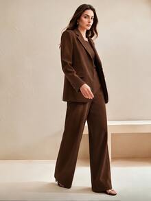 Anewsta New Elegant Fashion Women's Button-Up Faux Pocket Suede Blazer Suit Set, Suitable For Daily Commute Wear - Coffee Brown - View 5