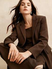 Anewsta New Elegant Fashion Women's Button-Up Faux Pocket Suede Blazer Suit Set, Suitable For Daily Commute Wear - Coffee Brown - View 2