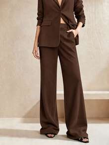 Anewsta New Elegant Fashion Women's Button-Up Faux Pocket Suede Blazer Suit Set, Suitable For Daily Commute Wear - Coffee Brown - View 3