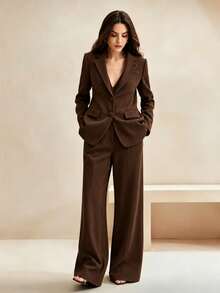 Anewsta New Elegant Fashion Women's Button-Up Faux Pocket Suede Blazer Suit Set, Suitable For Daily Commute Wear - Coffee Brown - View 7