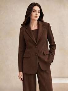 Anewsta New Elegant Fashion Women's Button-Up Faux Pocket Suede Blazer Suit Set, Suitable For Daily Commute Wear - Coffee Brown - View 4