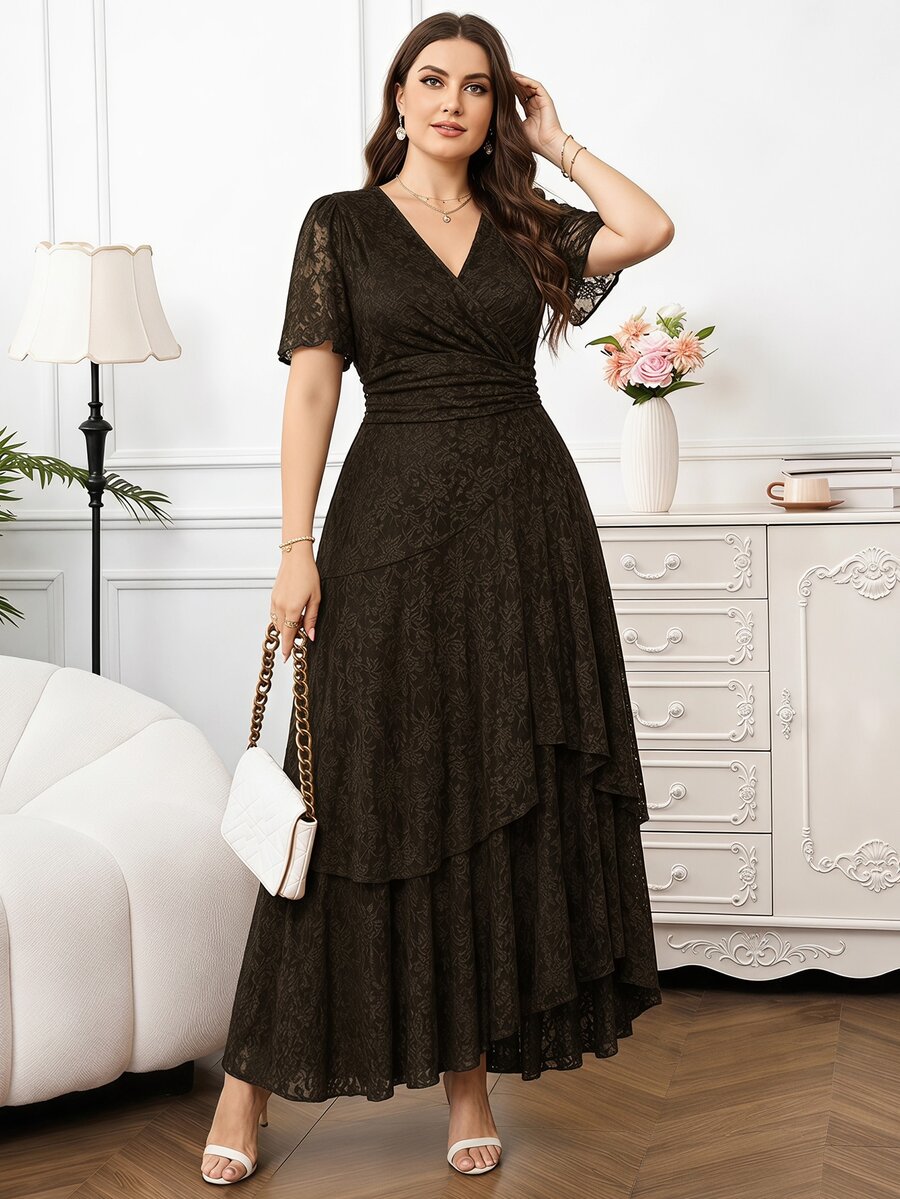 Reflora Plus Size Women's V-Neck Elegant Cocktail Formal Evening Dress Wedding Dark Green Summer - Coffee Brown - View 1