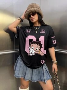 Betty Boop x SHEIN Plus Size Summer Casual Cartoon Letter Print T-Shirt - White - View 1