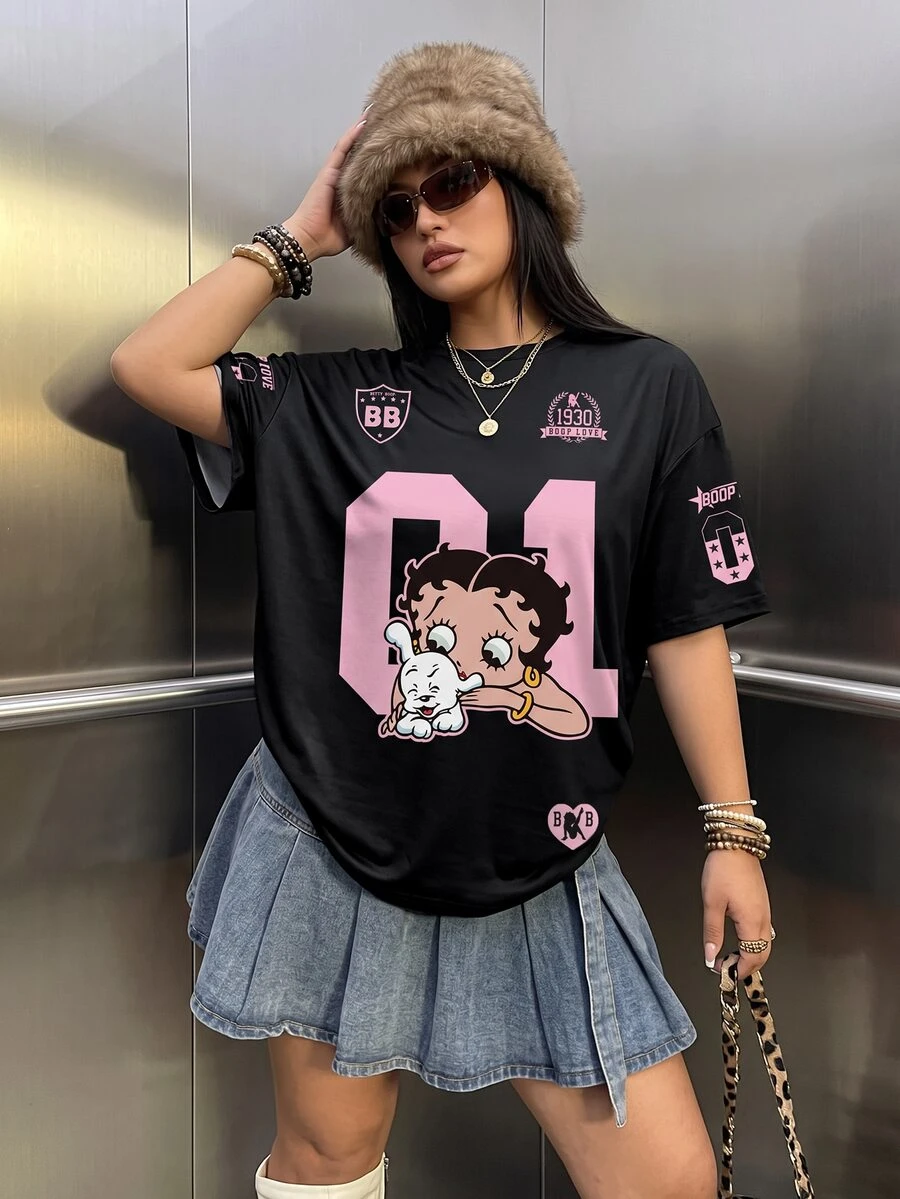 Betty Boop x SHEIN Plus Size Summer Casual Cartoon Letter Print T-Shirt - White - View 1