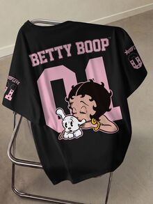 Betty Boop x SHEIN Plus Size Summer Casual Cartoon Letter Print T-Shirt - White - View 2