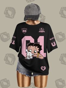 Betty Boop x SHEIN Plus Size Summer Casual Cartoon Letter Print T-Shirt - White - View 8