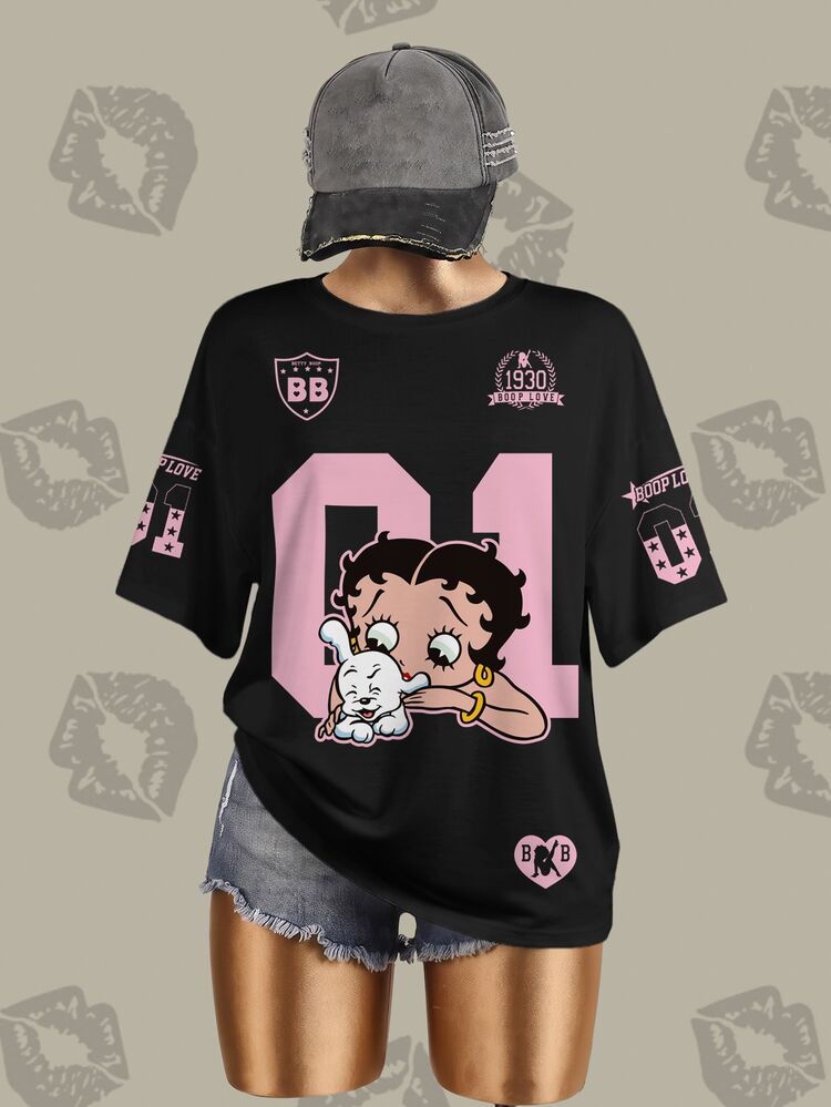 Betty Boop x SHEIN 大尺碼夏季休閒卡通字母印花T恤 - 白色 - 查看 8