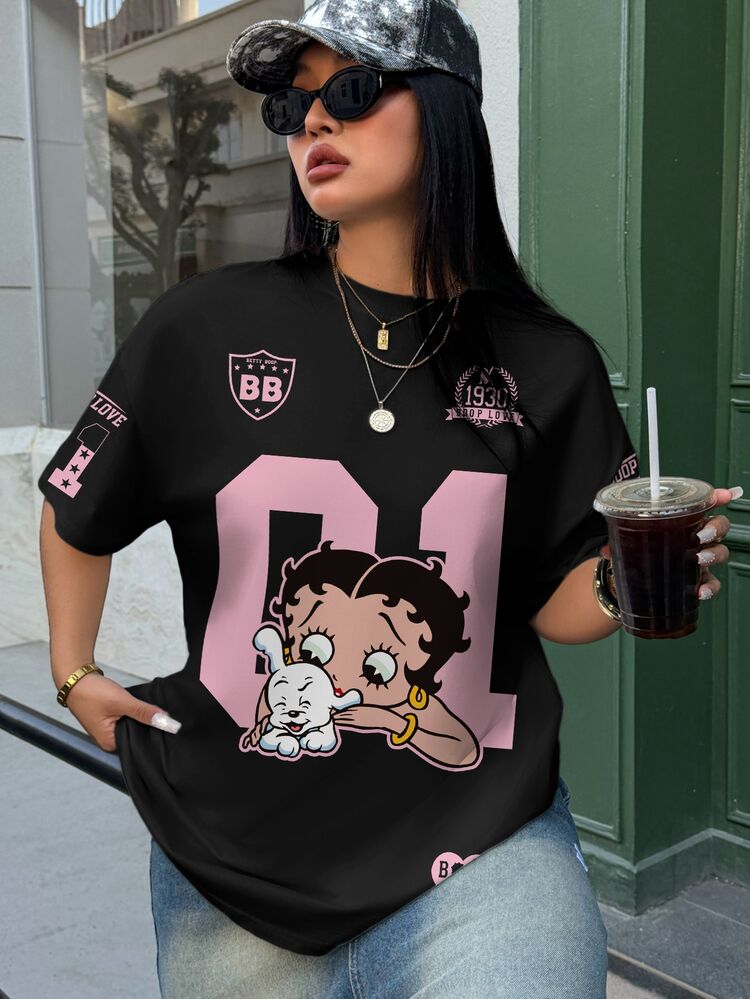 Betty Boop x SHEIN 大尺碼夏季休閒卡通字母印花T恤 - 白色 - 查看 4