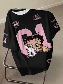 Betty Boop x SHEIN Plus Size Summer Casual Cartoon Letter Print T-Shirt - White - View 3
