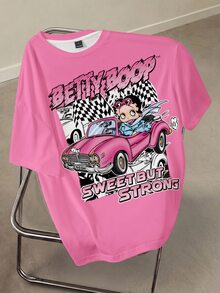 Betty Boop x SHEIN 大尺碼女款字母與汽車印花圓領短袖休閒T恤 秋季可愛上衣 - 白色 - 查看 3