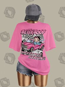 Betty Boop x SHEIN 大尺碼女款字母與汽車印花圓領短袖休閒T恤 秋季可愛上衣 - 白色 - 查看 4