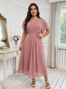 Reflora Vestido elegante de unicolor con cuello en V y mangas tipo murciélago para talla grande, para el verano - Rosa vieja - Ver 1