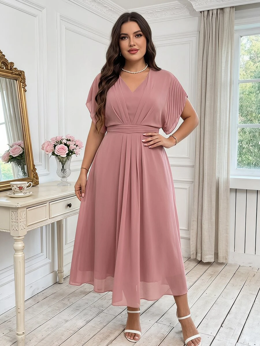 Reflora Vestido elegante de unicolor con cuello en V y mangas tipo murciélago para talla grande, para el verano - Rosa vieja - Ver 1