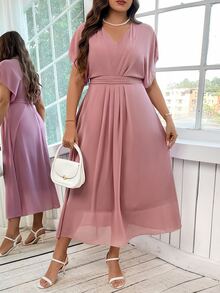 Reflora Vestido elegante de unicolor con cuello en V y mangas tipo murciélago para talla grande, para el verano - Rosa vieja - Ver 3