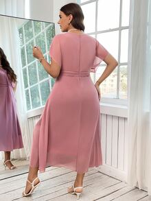 Reflora Vestido elegante de unicolor con cuello en V y mangas tipo murciélago para talla grande, para el verano - Rosa vieja - Ver 2
