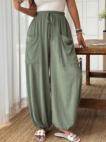 Weeklong Plus Size Women's Spring/Summer Casual Textured Pocket Decor Lantern Pants, Suitable For Daily And Vacation Wear Fall/Winter - Army Green - View 7