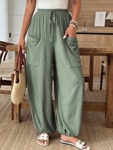 Weeklong Plus Size Women's Spring/Summer Casual Textured Pocket Decor Lantern Pants, Suitable For Daily And Vacation Wear Fall/Winter - Army Green - View 4