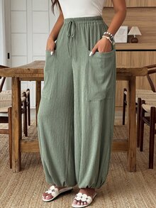 Weeklong Plus Size Women's Spring/Summer Casual Textured Pocket Decor Lantern Pants, Suitable For Daily And Vacation Wear Fall/Winter - Army Green - View 5