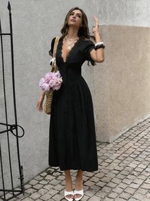 Lucivie 女款優雅休閒復古棕色V領蕾絲泡泡袖連身裙，優雅寬鬆鈕扣開襟長洋裝，夏季女裙，節慶洋裝，優雅長款派對洋裝，婚禮賓客洋裝，夏季沙灘洋裝，畢業洋裝，生日洋裝，女士優雅洋裝，休閒女裙，夏季度假穿搭，棕色洋裝 - 黑色 - 查看 4