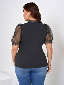 Reflora Plus Size Elegant Beaded Mesh Patchwork T-Shirt, Summer - Dark Grey - View 2
