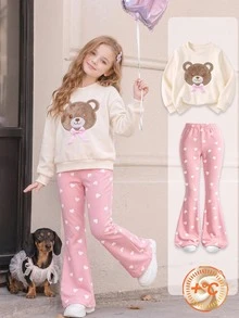 Young Girls 2pcs Set Cute Brown White Bear Hoodie Sweatshirt Heart Print Flared Pants Outfits Pullover Tops For Fall Style Clothing Birthday - Multicolor - View 8