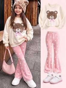 Young Girls 2pcs Set Cute Brown White Bear Hoodie Sweatshirt Heart Print Flared Pants Outfits Pullover Tops For Fall Style Clothing Birthday - Multicolor - View 1