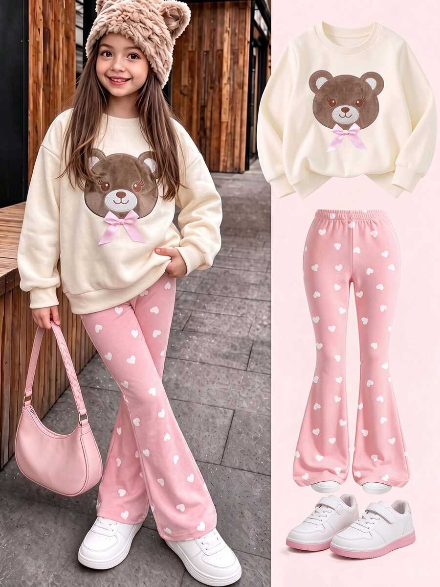 Young Girls 2pcs Set Cute Brown White Bear Hoodie Sweatshirt Heart Print Flared Pants Outfits Pullover Tops For Fall Style Clothing Birthday - Multicolor - View 1