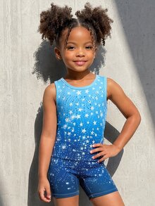 Young Girl Star Pattern Gradient One-Piece Leotard, Blue With Shiny Print, High Elasticity Slim Fit Design, Sports, Summer Athletic - Blue - View 5