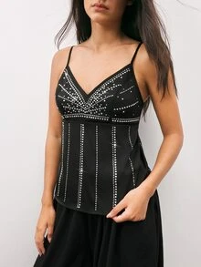 Maija Women's Y2K Urban Party Holiday Tank Top With Metallic Decor, All Season - Black - View 6