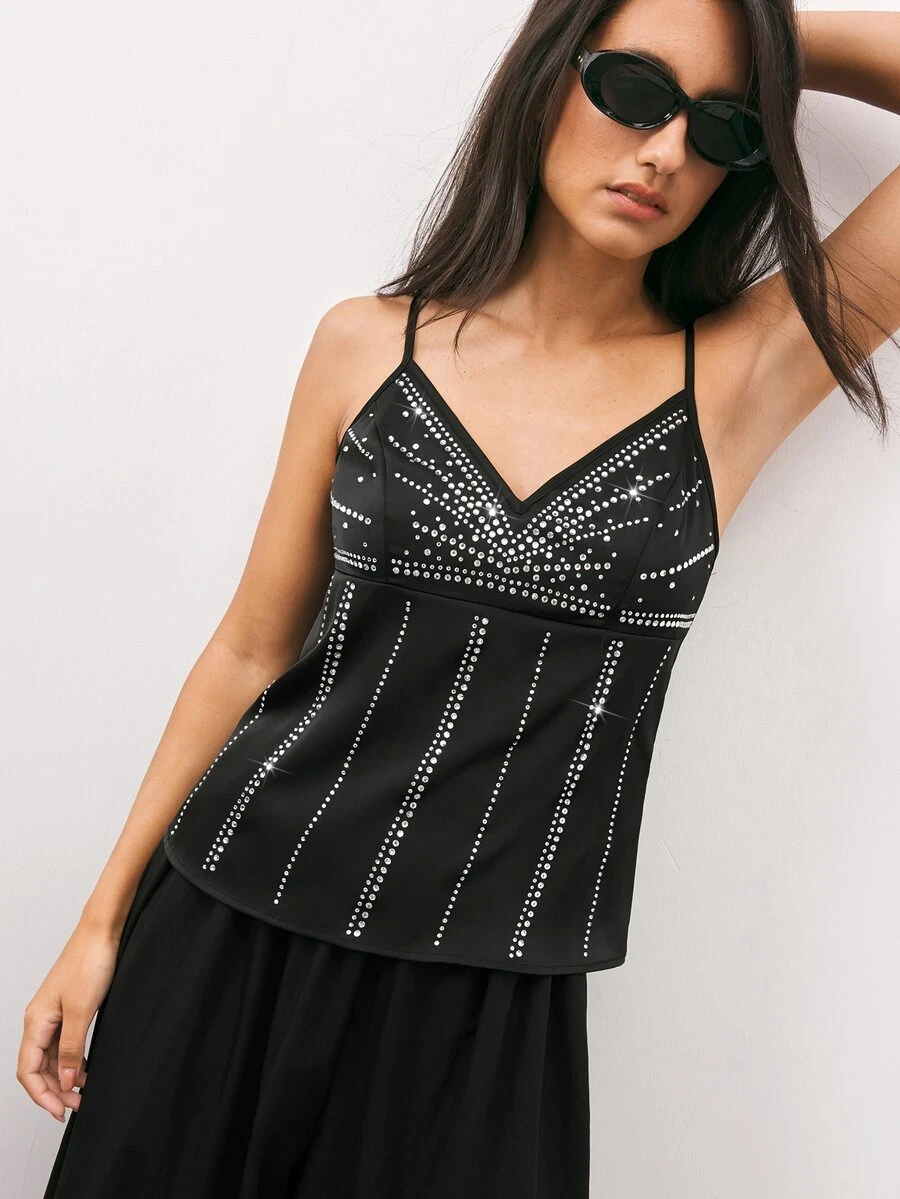 Maija Women's Y2K Urban Party Holiday Tank Top With Metallic Decor, All Season - Black - View 1