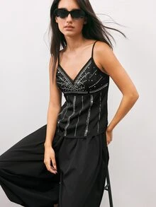 Maija Women's Y2K Urban Party Holiday Tank Top With Metallic Decor, All Season - Black - View 4