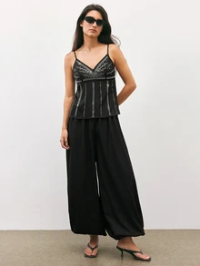 Maija Women's Y2K Urban Party Holiday Tank Top With Metallic Decor, All Season - Black - View 3
