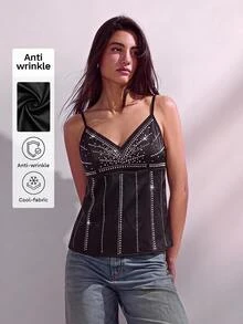 Maija Women's Y2K Urban Party Holiday Tank Top With Metallic Decor, All Season - Black - View 1